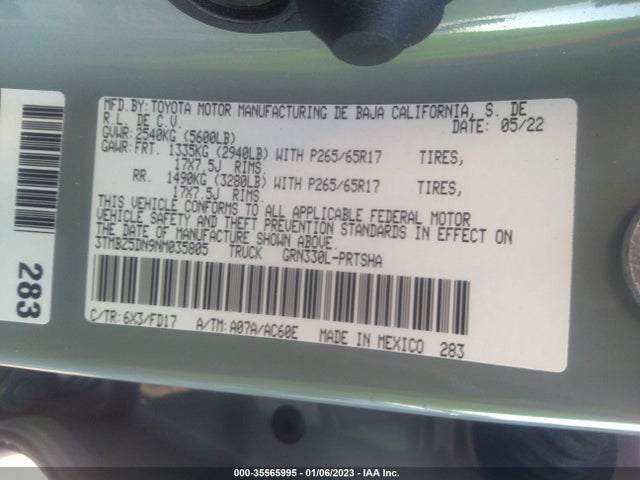 2022 TOYOTA TACOMA 2WD SR5/TRD SPORT VIN: 3TMBZ5DN9NM035805