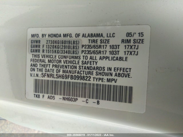 2015 Honda Odyssey, VIN: 5FNRL5H69FB099822