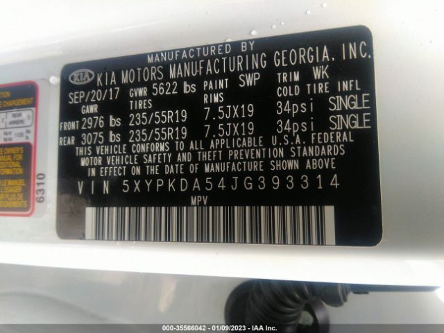 5XYPKDA54JG393314 KIA Sorento Sx V6