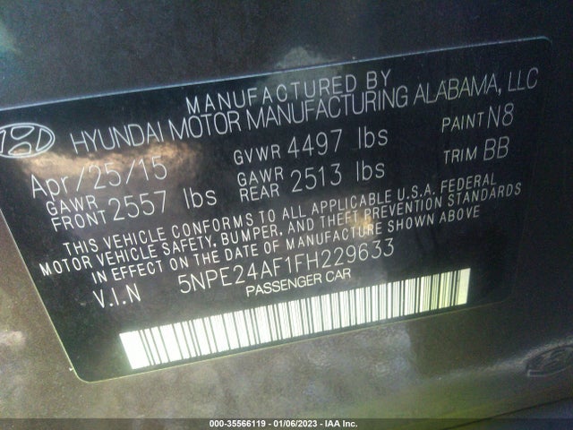 2015 HYUNDAI SONATA 2.4L SE VIN: 5NPE24AF1FH229633