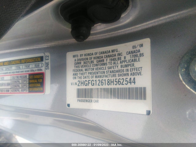 2008 HONDA CIVIC CPE LX VIN: 2HGFG12618H562544