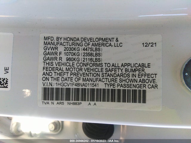 2022 Honda Accord, VIN: 1HGCV1F48NA011541