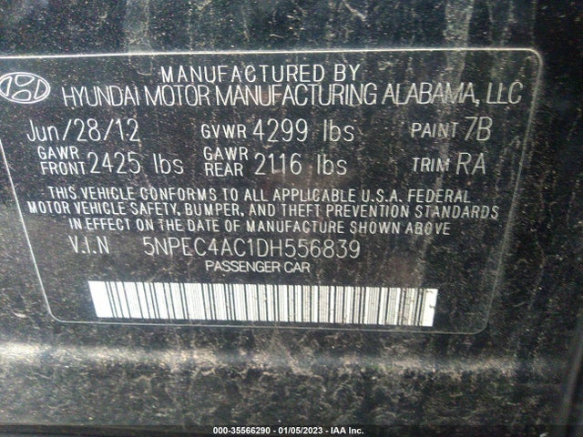 2013 HYUNDAI SONATA LIMITED PZEV VIN: 5NPEC4AC1DH556839