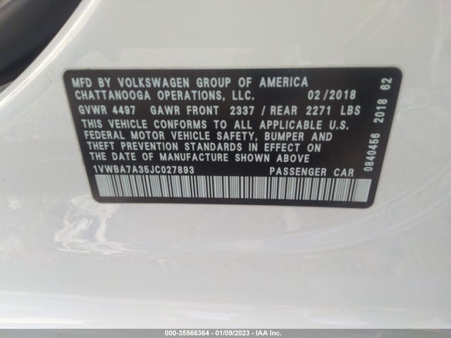 2018 VOLKSWAGEN PASSAT 2.0T SE VIN: 1VWBA7A35JC027893