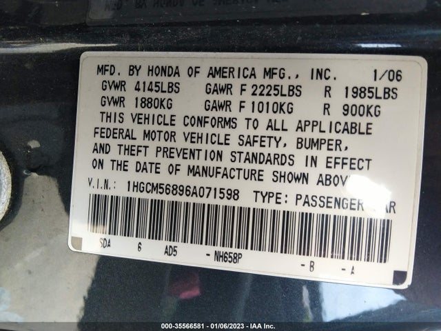 2006 HONDA ACCORD SDN EX-L VIN: 1HGCM56896A071598