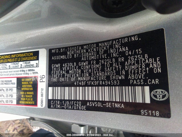 2015 TOYOTA CAMRY XLE/SE/LE/XSE VIN: 4T4BF1FK9FR494593