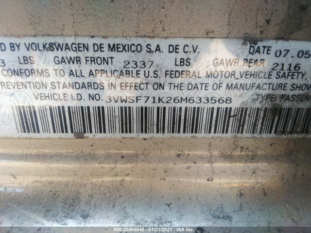 2006 VOLKSWAGEN JETTA SEDAN 2.5L VIN: 3VWSF71K26M633568