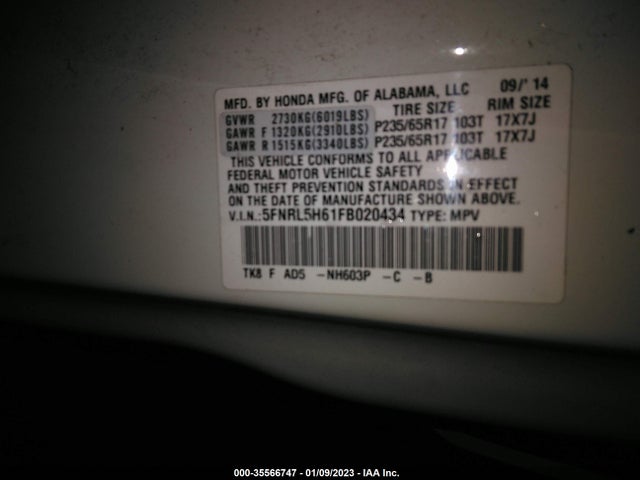 2015 Honda Odyssey, VIN: 5FNRL5H61FB020434