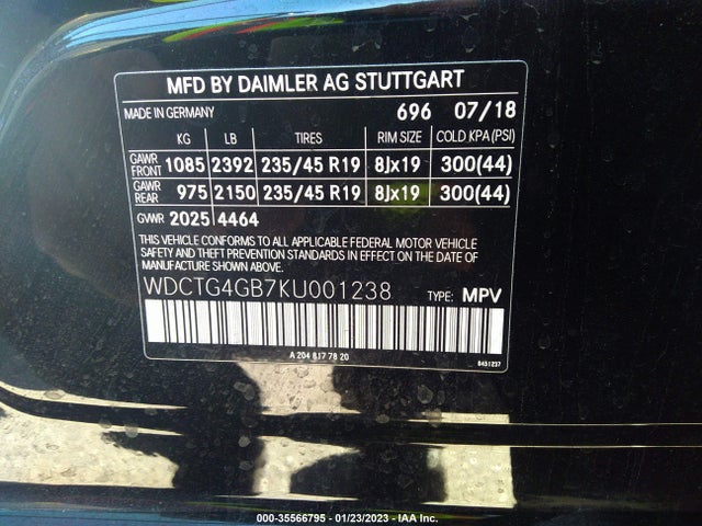 2019 Mercedes-Benz GLA-Class, VIN: WDCTG4GB7KU001238