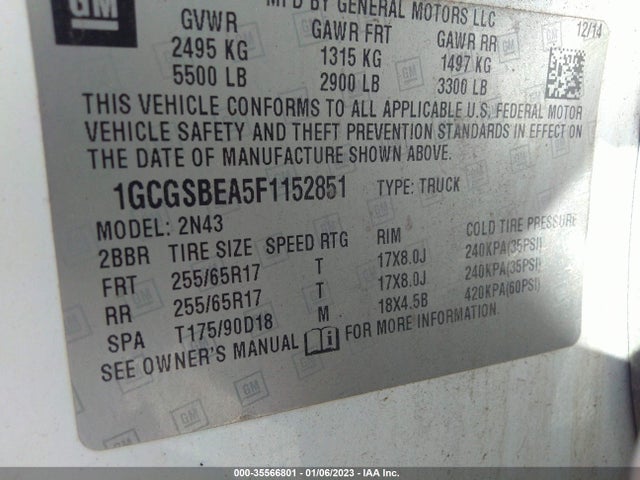 2015 CHEVROLET COLORADO 2WD LT VIN: 1GCGSBEA5F1152851