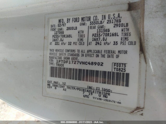 1997 FORD F-150 VIN: 1FTDF1727VNC48902