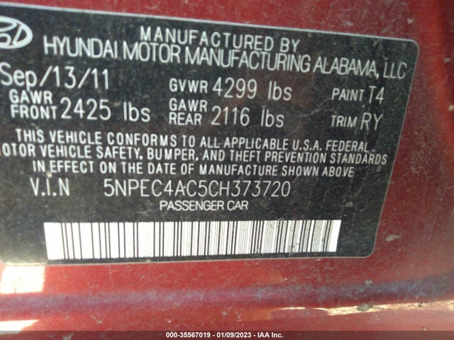 Продажа на аукционе авто 2012 Hyundai Sonata 2.4l Se, vin: 5NPEC4AC5CH373720, номер лота: 35567019