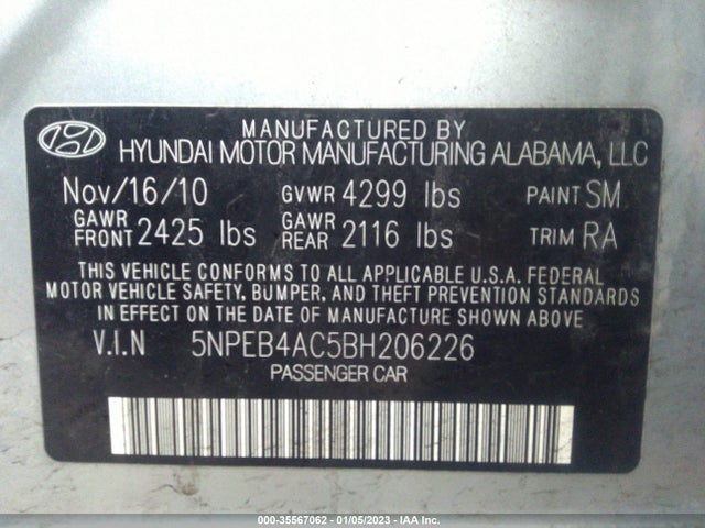 2011 HYUNDAI SONATA GLS PZEV VIN: 5NPEB4AC5BH206226