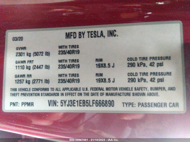 Tesla Model 3 Long Range 2020 5YJ3E1EB5LF666890 Image 10