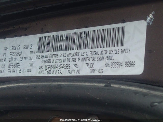 2017 RAM 1500 LARAMIE VIN: 1C6RR7NT4HS740599