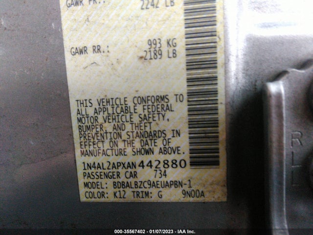 2010 NISSAN ALTIMA 2.5 SL VIN: 1N4AL2APXAN442880