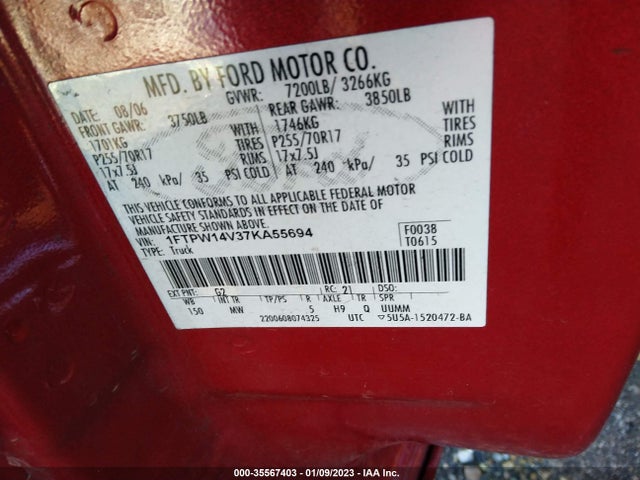 2007 FORD F-150 XLT/FX4/LARIAT/KING RANCH VIN: 1FTPW14V37KA55694