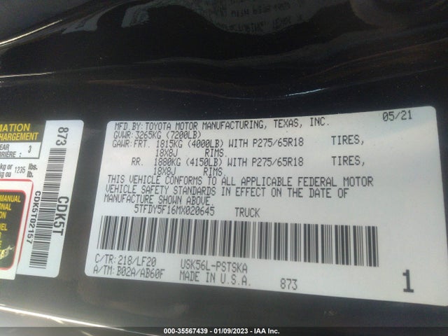 2021 Toyota Tundra, VIN: 5TFDY5F16MX020645