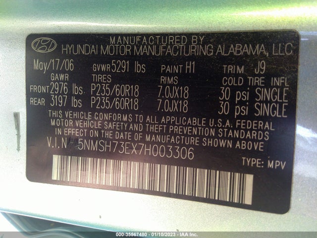 2007 HYUNDAI SANTA FE SE/LIMITED VIN: 5NMSH73EX7H003306