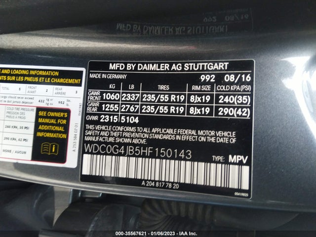 2017 Mercedes-Benz GLC-Class, VIN: WDC0G4JB5HF150143