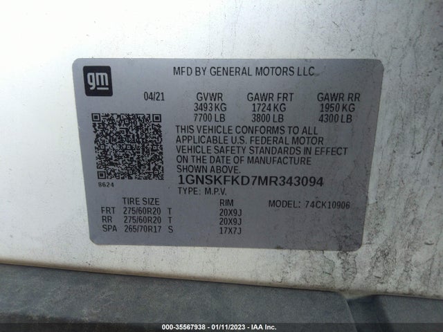 2021 Chevrolet Suburban, VIN: 1GNSKFKD7MR343094
