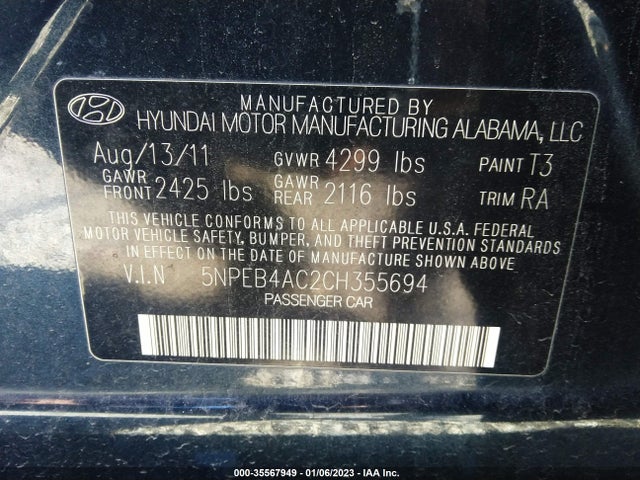 2012 HYUNDAI SONATA GLS VIN: 5NPEB4AC2CH355694