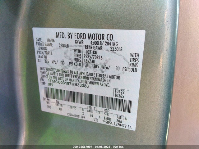 2007 FORD ESCAPE XLT VIN: 1FMCU03197KB33386