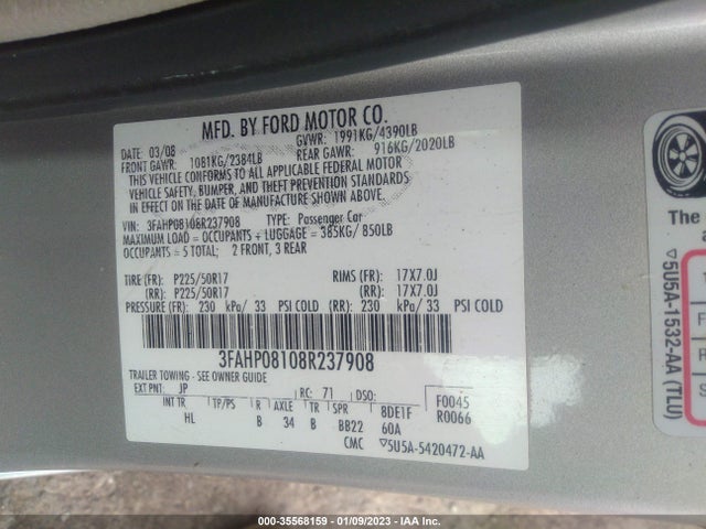2008 FORD FUSION SEL VIN: 3FAHP08108R237908