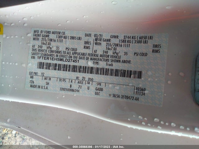 2021 FORD RANGER XL/XLT/LARIAT VIN: 1FTER1EH5MLD27451