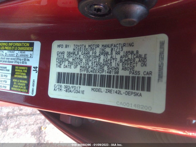 2013 TOYOTA COROLLA L/LE/S VIN: 5YFBU4EEXDP140190