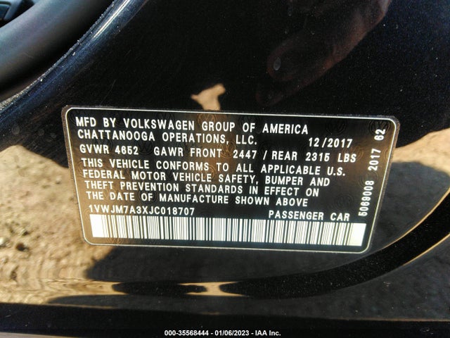 2018 VOLKSWAGEN PASSAT V6 GT VIN: 1VWJM7A3XJC018707
