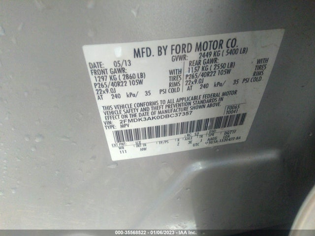 2013 FORD EDGE SPORT VIN: 2FMDK3AK0DBC37357