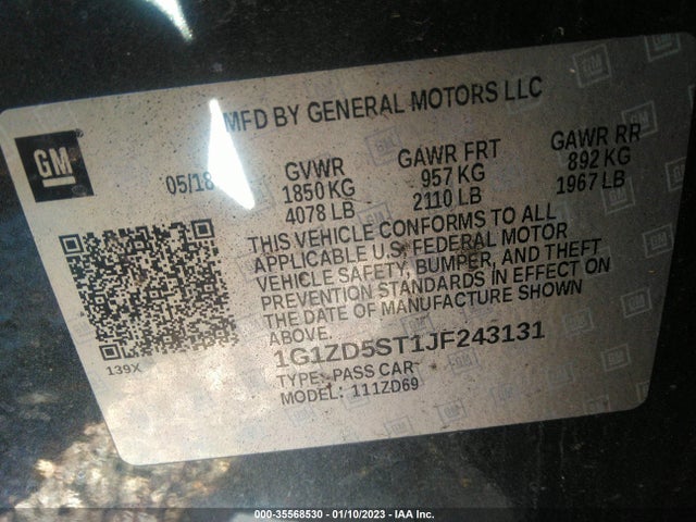 2018 CHEVROLET MALIBU LT VIN: 1G1ZD5ST1JF243131