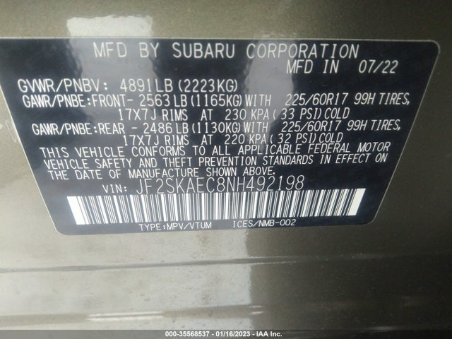 2022 Subaru Forester, VIN: JF2SKAEC8NH492198