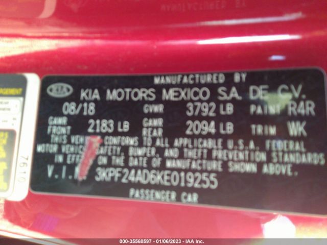 3KPF24AD6KE019255 KIA Forte Lxs