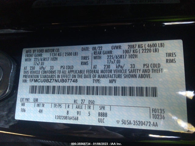 2022 Ford Escape, VIN: 1FMCU0BZ7NUB07748