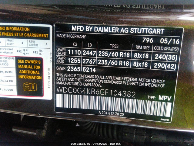 2016 Mercedes-Benz GLC-Class, VIN: WDC0G4KB6GF104382