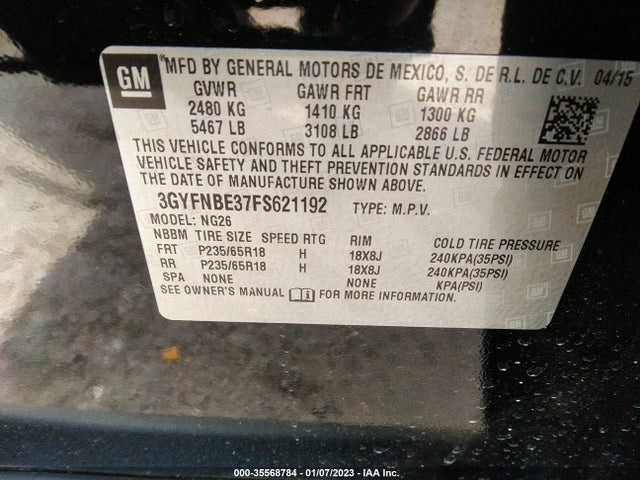 3GYFNBE37FS621192 Cadillac Srx Luxury Collection