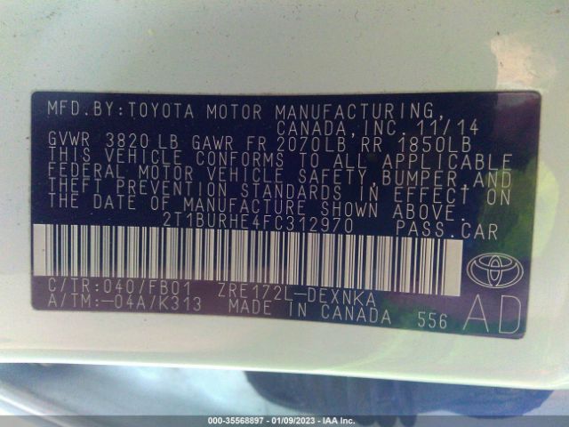 2T1BURHE4FC312970 Toyota COROLLA LE