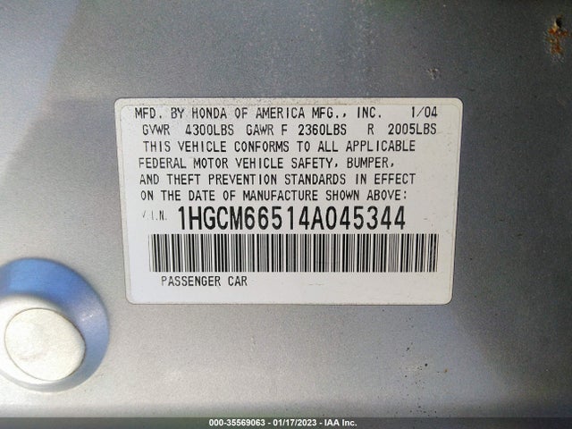 2004 HONDA ACCORD SDN EX VIN: 1HGCM66514A045344