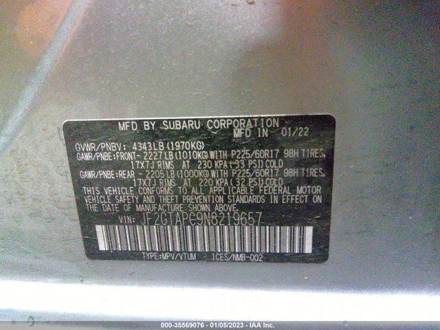 2022 Subaru Crosstrek, VIN: JF2GTAPC9N8219657
