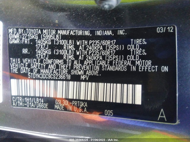 2012 TOYOTA SIENNA XLE AAS/XLE/LTD VIN: 5TDYK3DC9CS236618