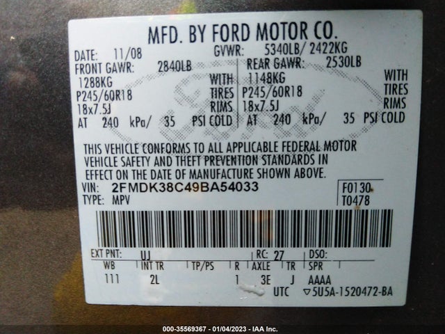 2009 FORD EDGE SEL VIN: 2FMDK38C49BA54033