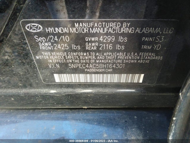 2011 HYUNDAI SONATA LTD VIN: 5NPEC4AC5BH164301