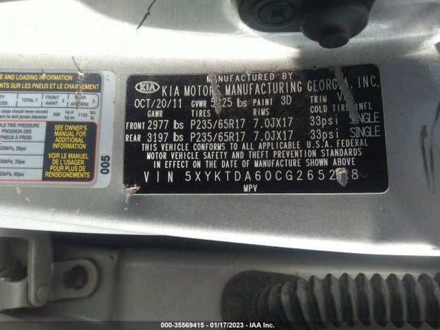 2012 KIA SORENTO LX VIN: 5XYKTDA60CG265218