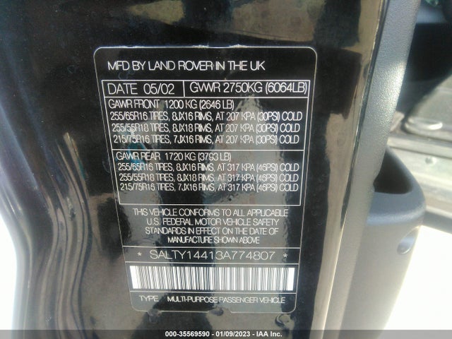 2003 LAND ROVER DISCOVERY SE VIN: SALTY14413A774807
