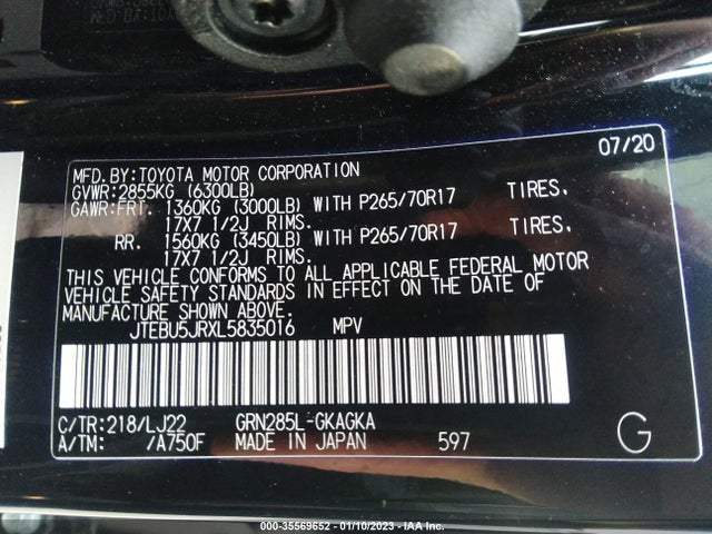 2020 Toyota 4Runner, VIN: JTEBU5JRXL5835016