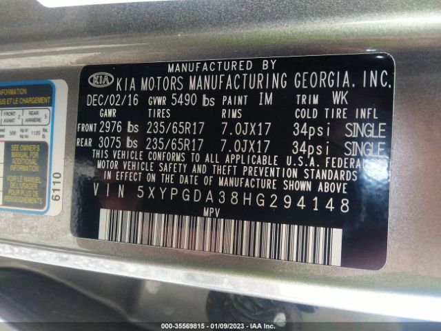 5XYPGDA38HG294148 KIA SORENTO LX