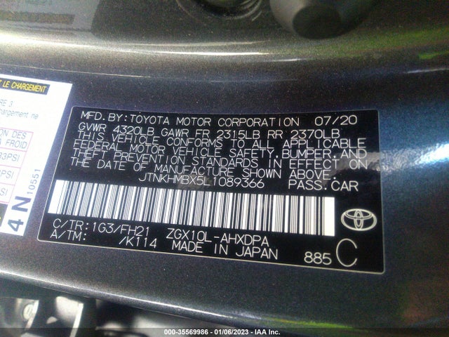 2020 TOYOTA C-HR LE/XLE/LIMITED VIN: JTNKHMBX5L1089366