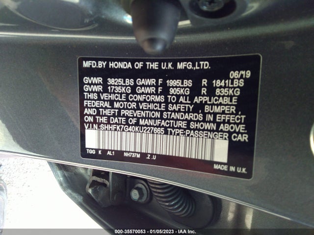 2019 HONDA CIVIC HATCHBACK SPORT VIN: SHHFK7G40KU227665
